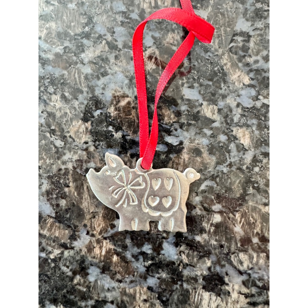 Sterling Silver Pig Ornament Heart Bow Embossed Animal Figurine Red Ribbon 1.5in